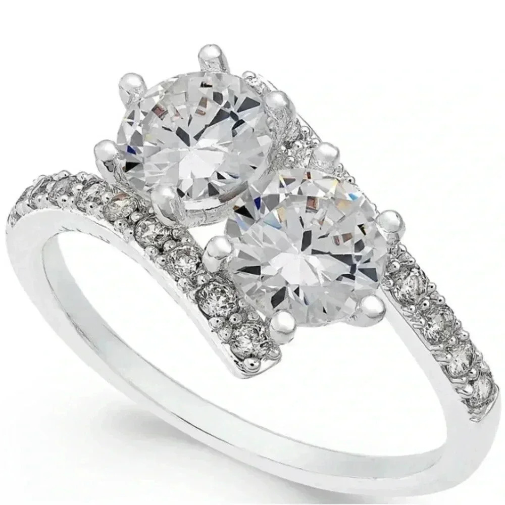 Fine Silver Plate Cubic Zirconia 2-Stone Ring - Picture 2 of 5